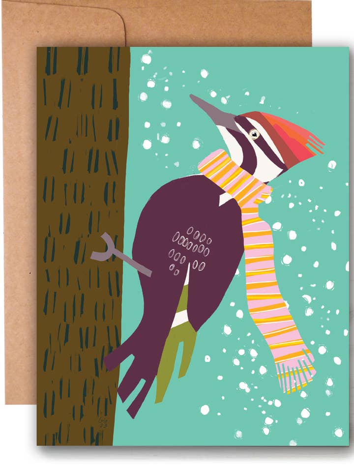 Pileated Woodpecker (Birds in Scarves) Winter A2 Card for wholesale by Ginger G. Art
