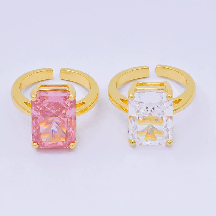 Anel Solitário Ajustável com Zircônia Cúbica Retangular Rosa e Transparente Revestido a Ouro 24K | O-1035 O-1059 por atacado de Aim Eternal
