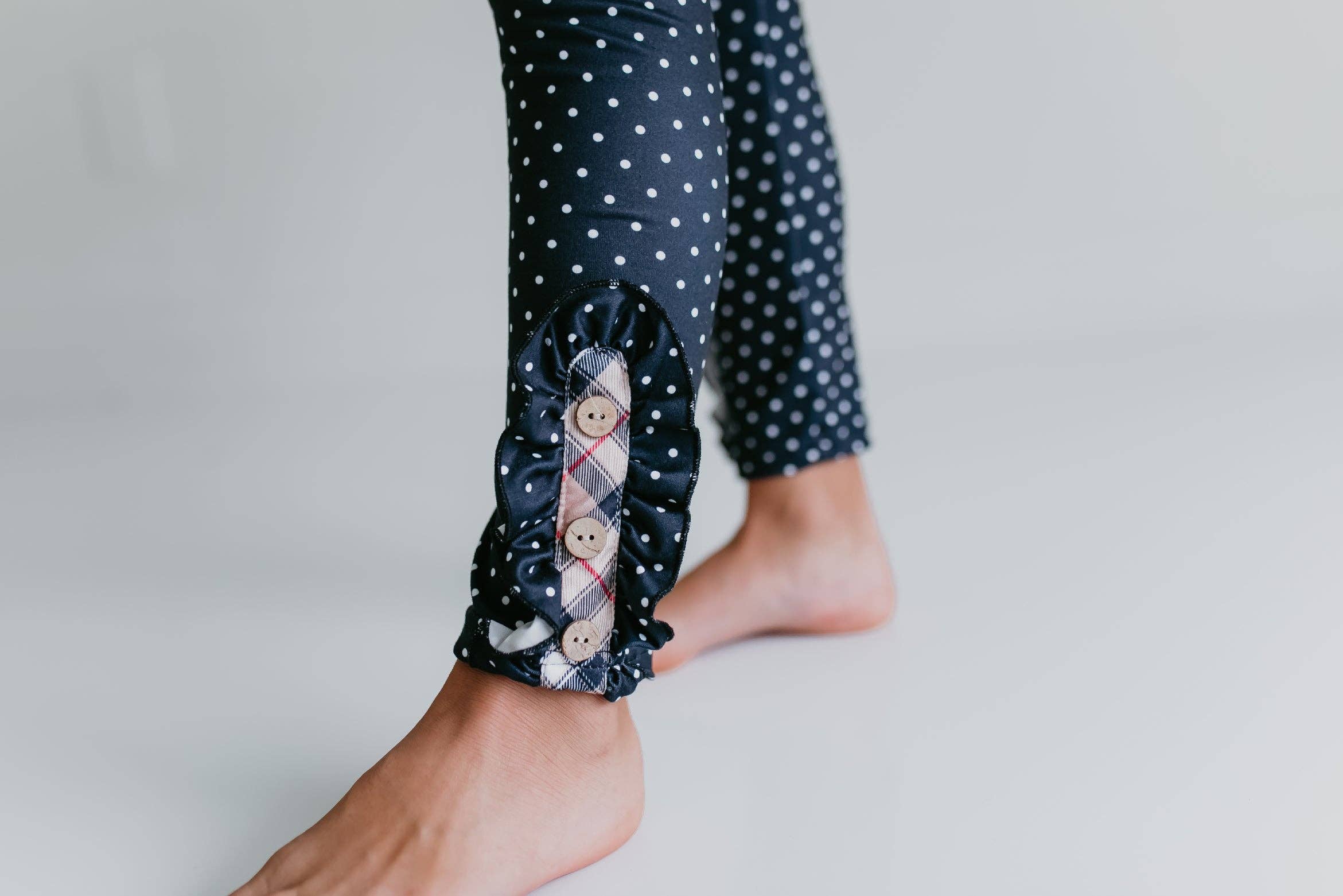 Adorable Sweetness - Wholesale Top & Pant Set - Kids - Girls Tan Plaid & Polka Dot Ruffle Pocket Button Legging Set3