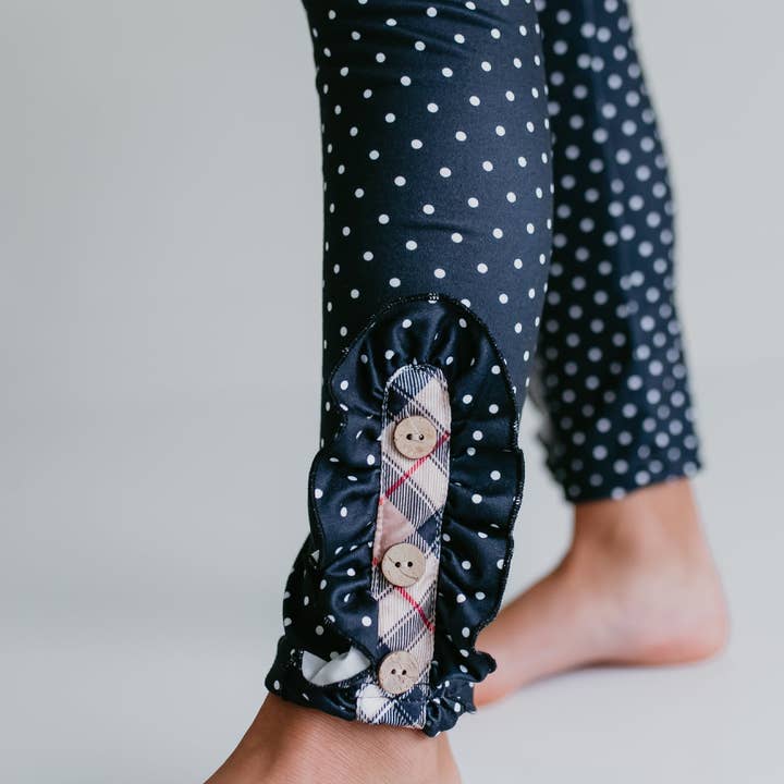 Adorable Sweetness - Wholesale Top & Pant Set - Kids - Girls Tan Plaid & Polka Dot Ruffle Pocket Button Legging Set3