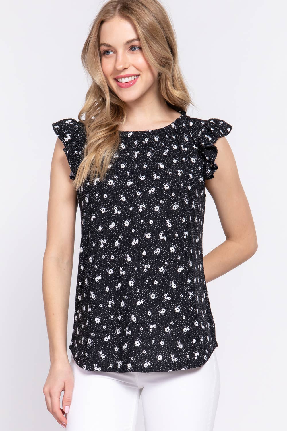 42POPS - Wholesale Knit Top - Women's - ..SI-24598 FITTED RUFFLE SLEEVELESS PRINT RIB KNIT TOP0