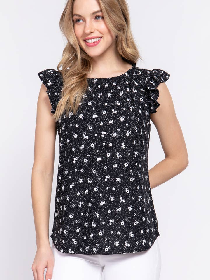 42POPS - Wholesale Knit Top - Women's - ..SI-24598 FITTED RUFFLE SLEEVELESS PRINT RIB KNIT TOP