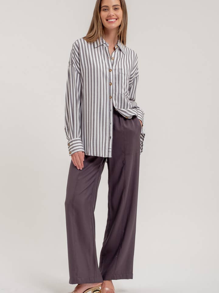 Blu Pepper - Wholesale Blouse - Women's - STRIPE COLLARED BUTTON DOWN LONG SLEEVE SHIRT