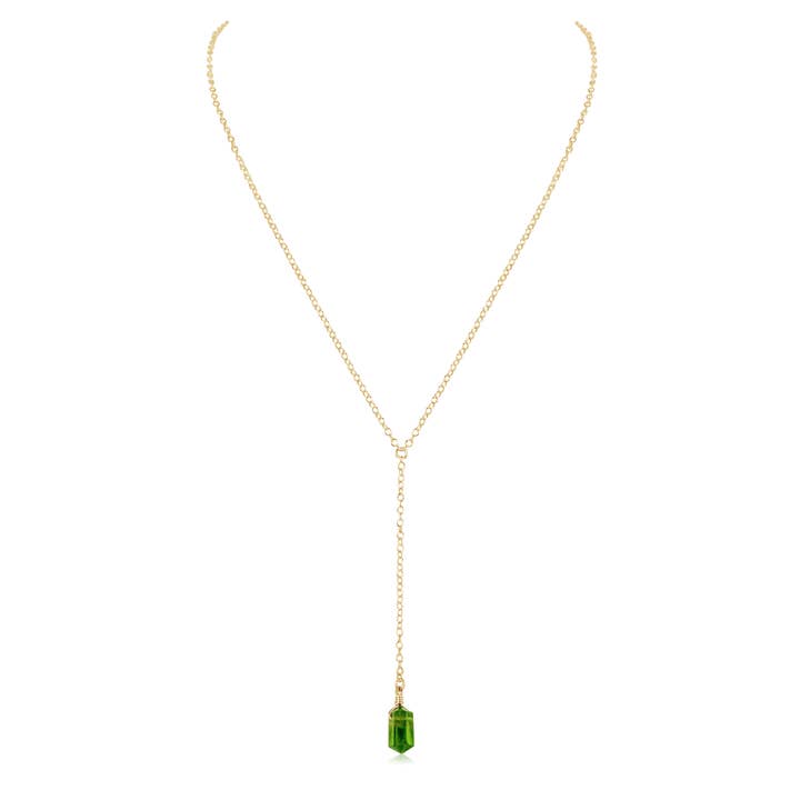 Peridot Double Terminated Mini Crystal Point Lariat Necklace for wholesale by Luna Tide
