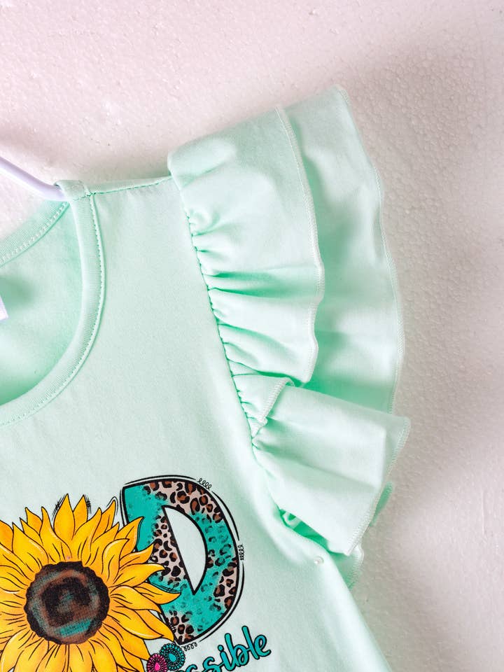 littleoneusa - Vendita all'ingrosso Completo top e pantaloncini - Bambini - Completo in Denim per Ragazza con Paillettes a Girasole Giallo2