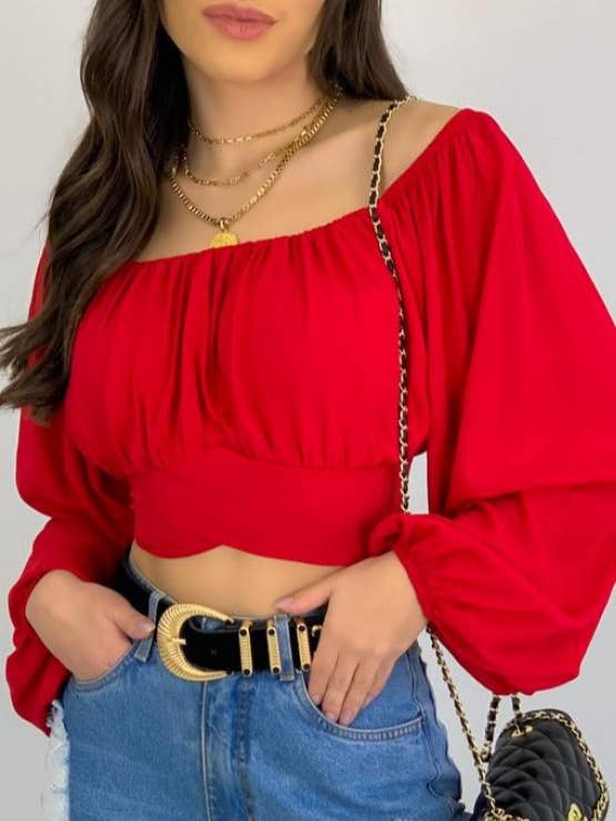 HIDDENBRAND - Wholesale Blouse - Women's - Crop Top Balloon Sleeve Straight-Neck Shirt2