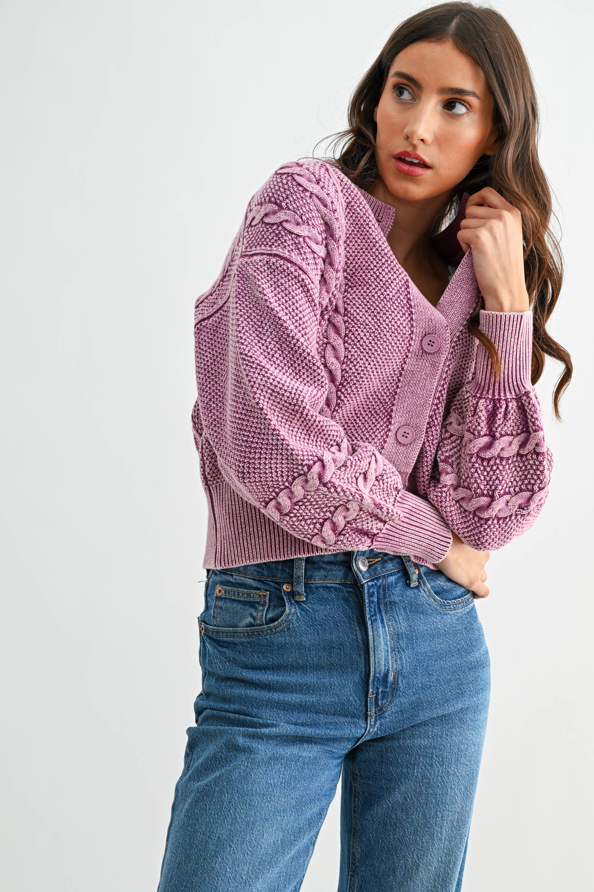 Camellia - Wholesale Cardigan - Women's - CW10019E WASHED BLENDED BROWN CABLE KNIT CARDIGAN29