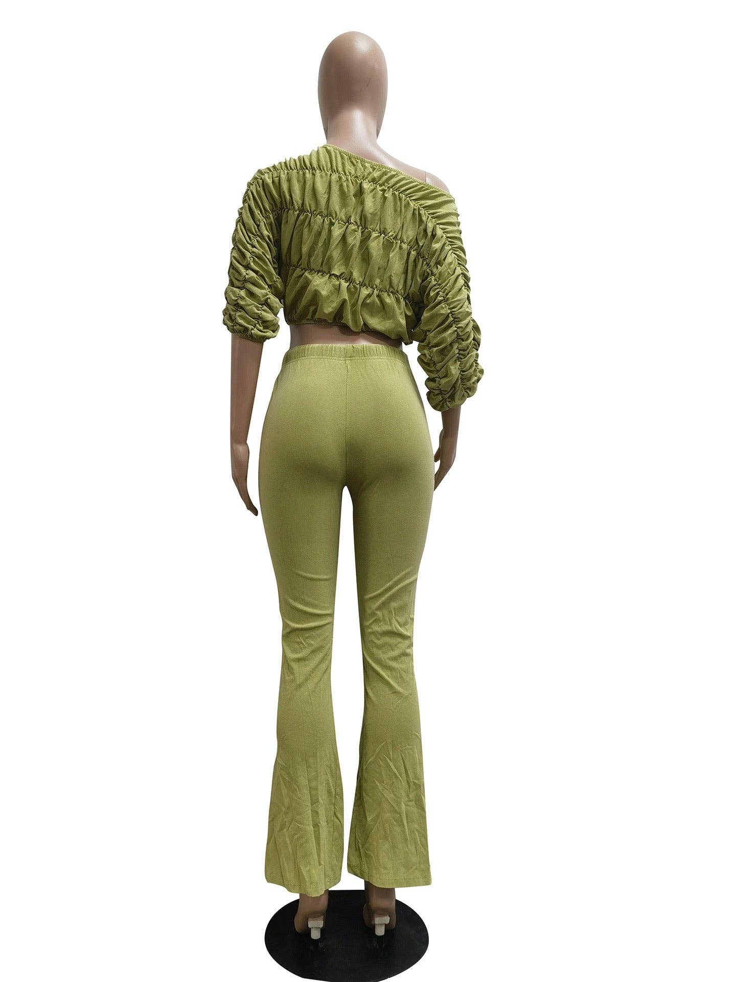 MB Fashion Wholesale - Wholesale Top & Pant Set (NOT Loungewear) - Women's - MB FASHION Ruched Off-Shoulder Top & High-Waist Flared Pants Set 953223