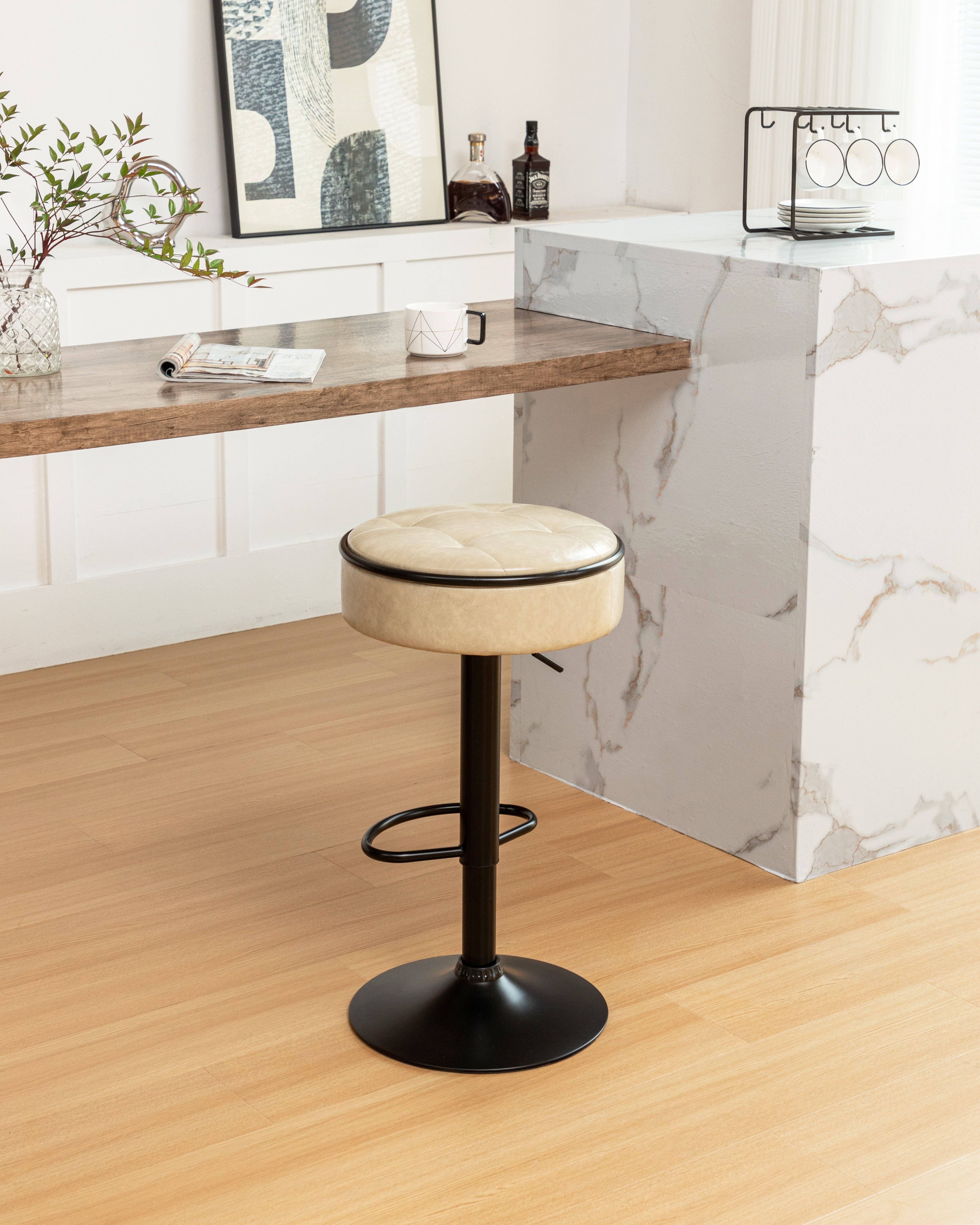 Orange County Decor - Wholesale Stool - Round Storage Bar Stool Set Of 2, Khaki Faux Leather Height Adjustable Barstool, 360 Counter Height Swivel Stool, Armless Bar Chair With Metal Frame For Kitchen Counter Dining Living Room Khaki Set20