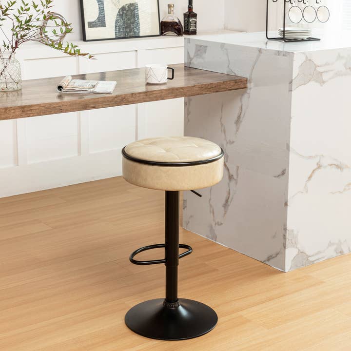 Orange County Decor - Wholesale Stool - Round Storage Bar Stool Set Of 2, Khaki Faux Leather Height Adjustable Barstool, 360 Counter Height Swivel Stool, Armless Bar Chair With Metal Frame For Kitchen Counter Dining Living Room Khaki Set20