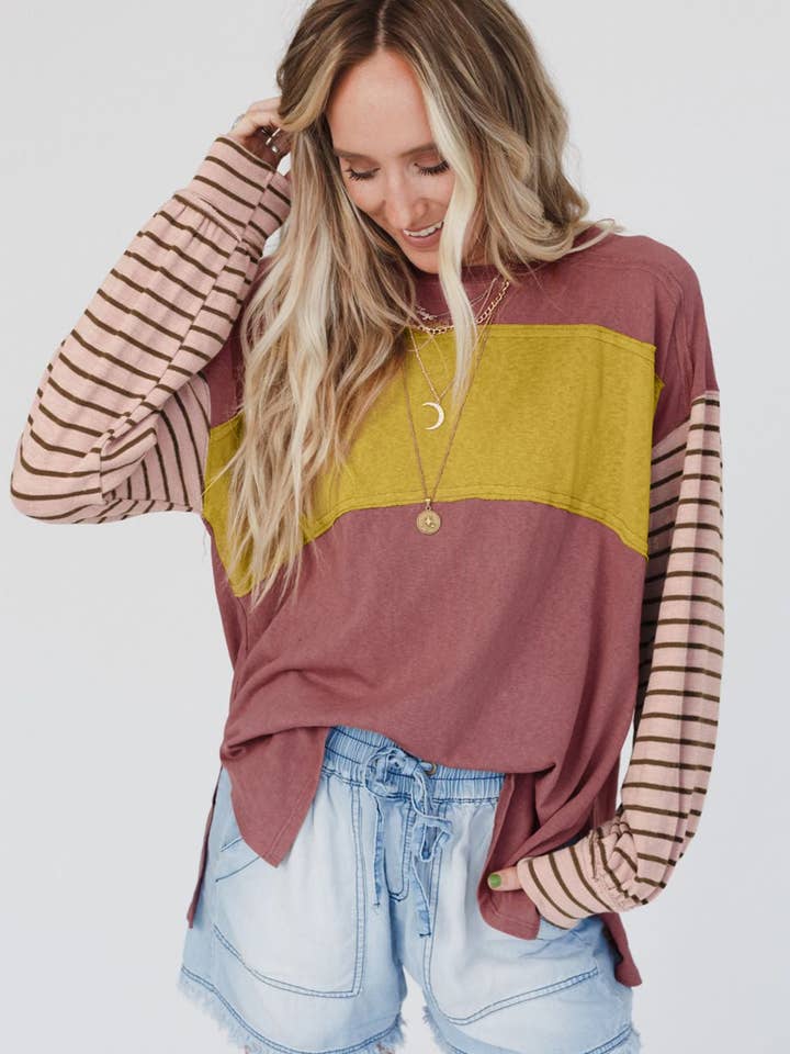Lovesoft - Wholesale Tunic - Women's - Multicolor Clashing Stripe Bishop Sleeve Top