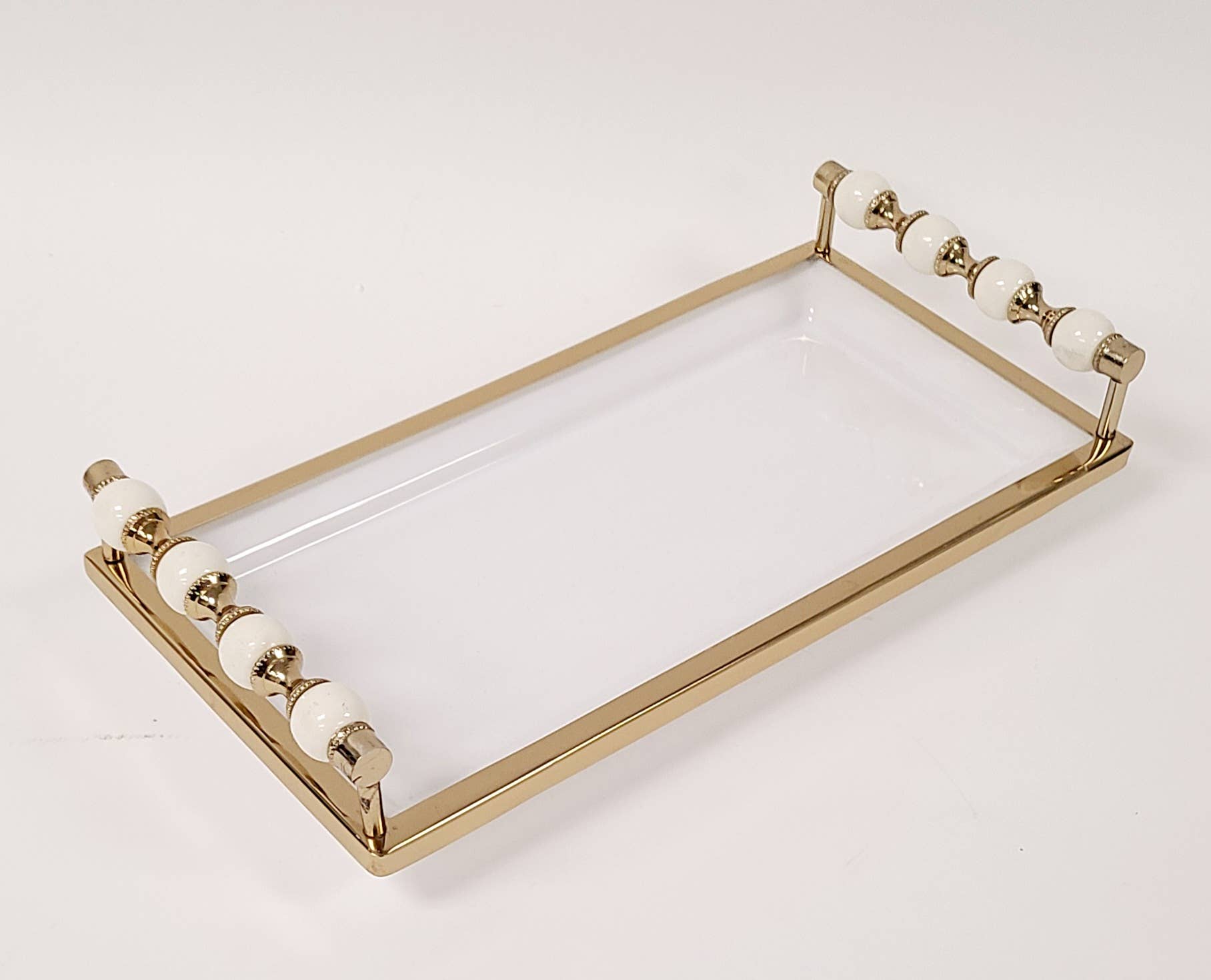 CLASSIC TOUCH DECOR INC. - Wholesale Decorative Tray - White Rectangular Tray with White and Gold beaded Handles3