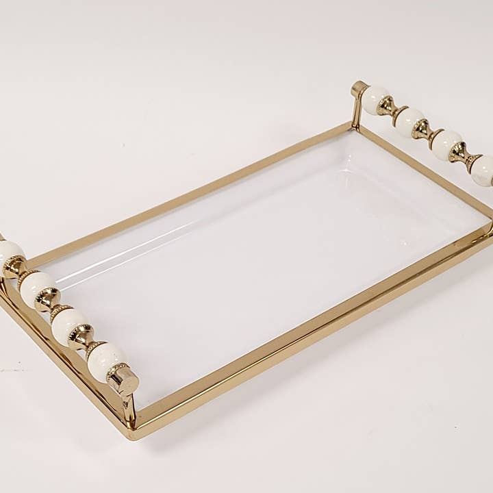 CLASSIC TOUCH DECOR INC. - Wholesale Decorative Tray - White Rectangular Tray with White and Gold beaded Handles3