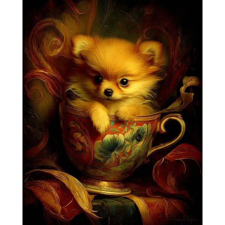 Mowbi - Wholesale Art Print - Cute Pomeranian Puppy - Pup in a Cup - Art Print - 8"x10" Artwork