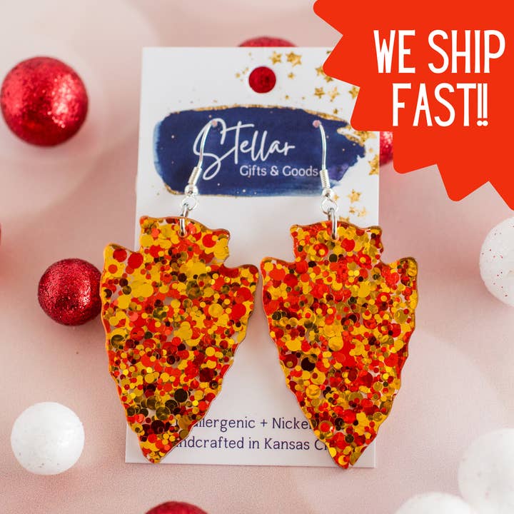 Stellar Gifts & Goods Wholesale - Wholesale Dangle Earrings - KC Football - Large Red & Gold Confetti Arrowhead Dangles0