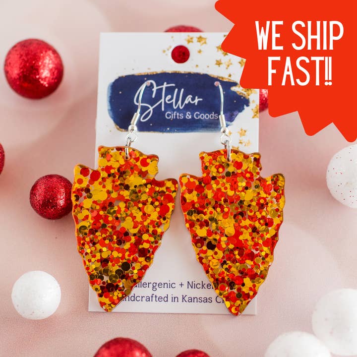 Stellar Gifts & Goods Wholesale - Wholesale Dangle Earrings - KC Football - Large Red & Gold Confetti Arrowhead Dangles0
