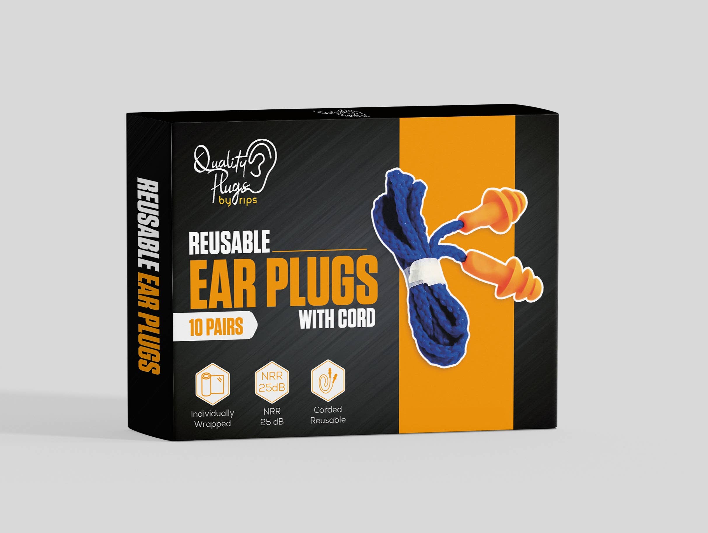 Quality Plugs - Wholesale Earplugs - 10 Pairs of Reusable Earplugs with Cord Individually Wrapped0