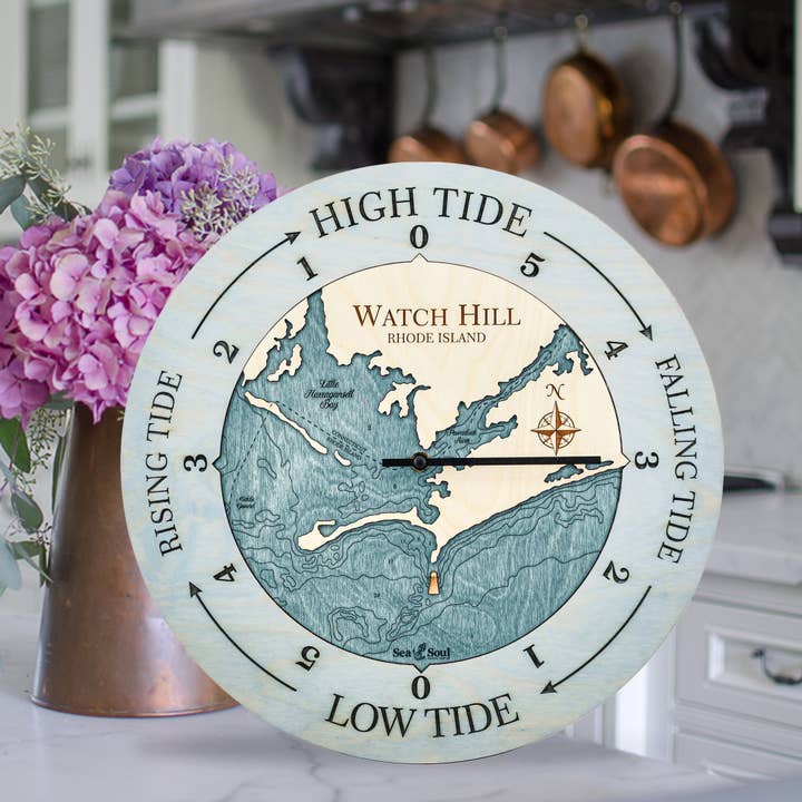Watch Hill Tide Clock Nautical Wood Map - 2 Sizes for wholesale by Sea & Soul Nautical Chart Art