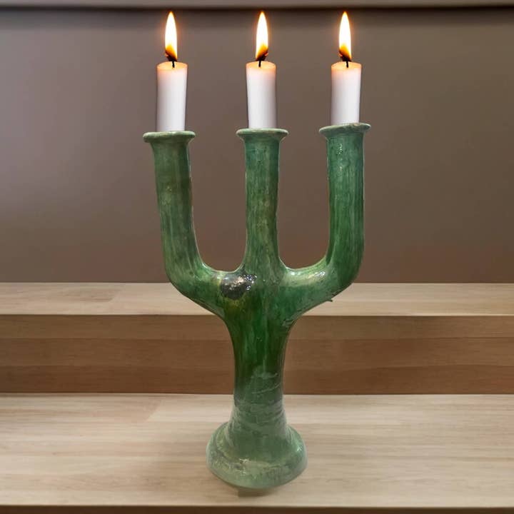 Moroccantastics - Wholesale Candle Holder - Handcrafted Moroccan Green Tamegroute Large 3-Branch Candlestick Holder