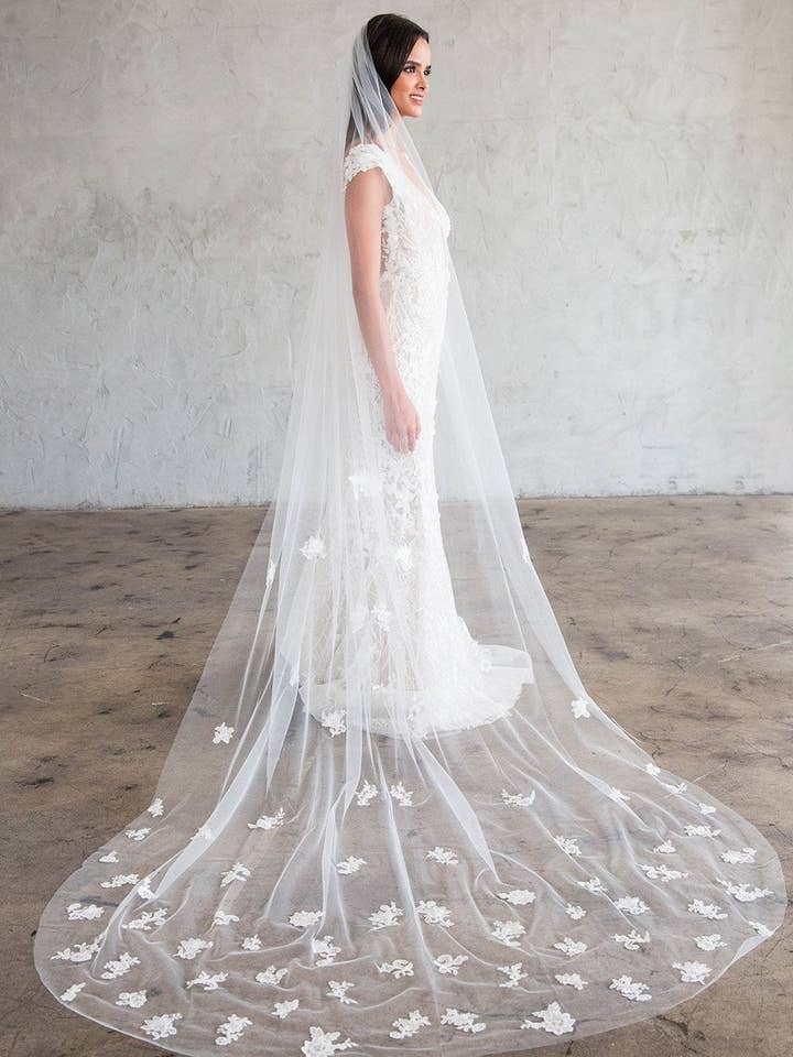 JULITA CATHEDRAL VEIL- SCATTERED LACE APPLIQUES for wholesale by Brides & Hairpins