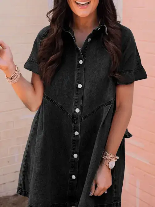 Lovesoft - Wholesale Dress - Women's - Light Blue Frilled Short Sleeve Button Up Loose Denim Shirt Dress0