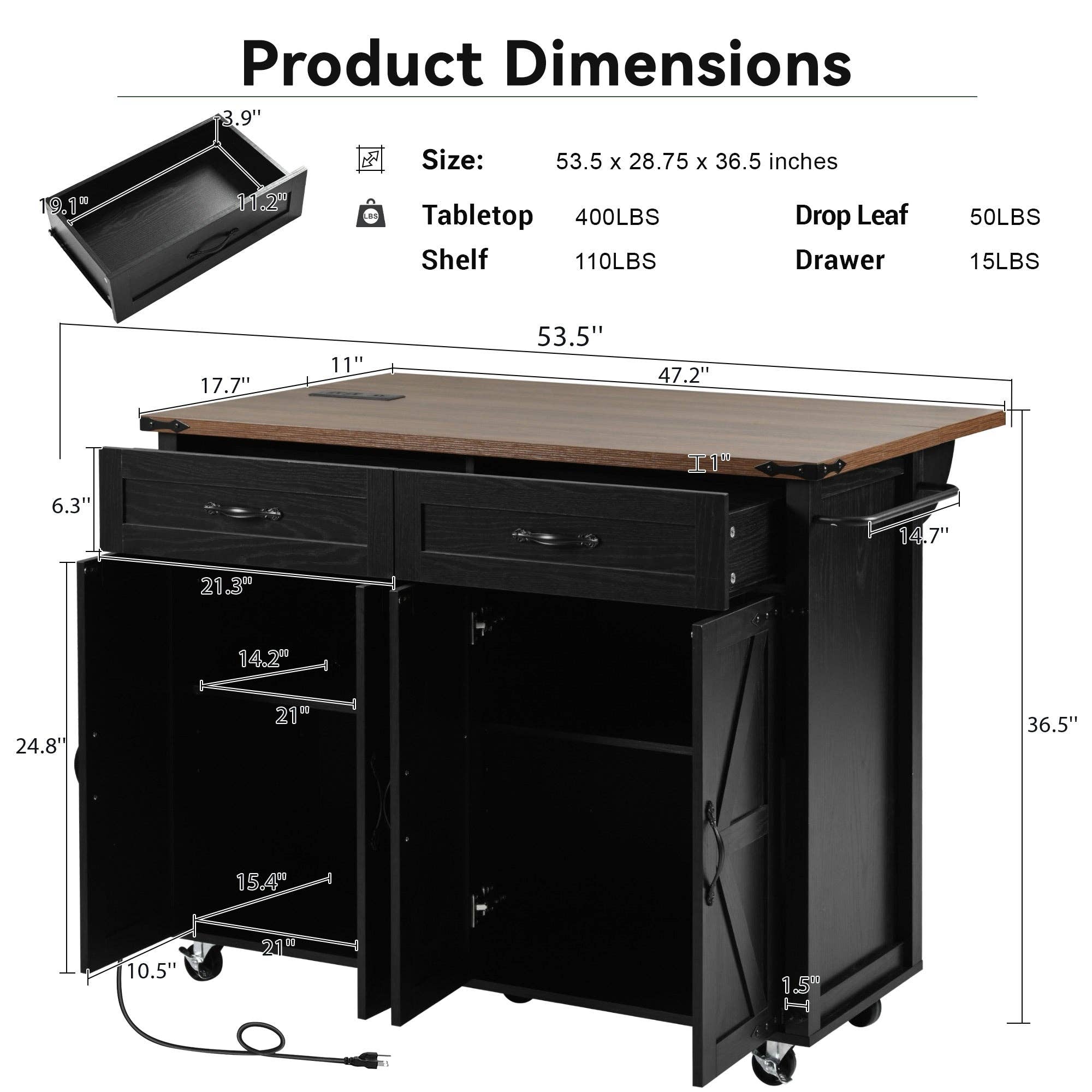 Orange County Decor - Wholesale Kitchen Storage/Organizer - K&K 53.5''Farmhouse Kitchen Island With Power Outlet, Kitchen Storage Island With Drop Leaf, Spice Rack And Drawer, Rolling Kitchen Cart On Wheels, For Home, Kitchen And Dining Room, Black Black20
