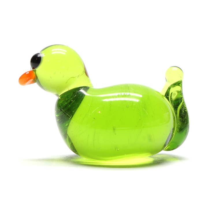 Lime Transparent Glass Duck Miniature Ornament, Plant Dec for wholesale by Joy McMillan Glass