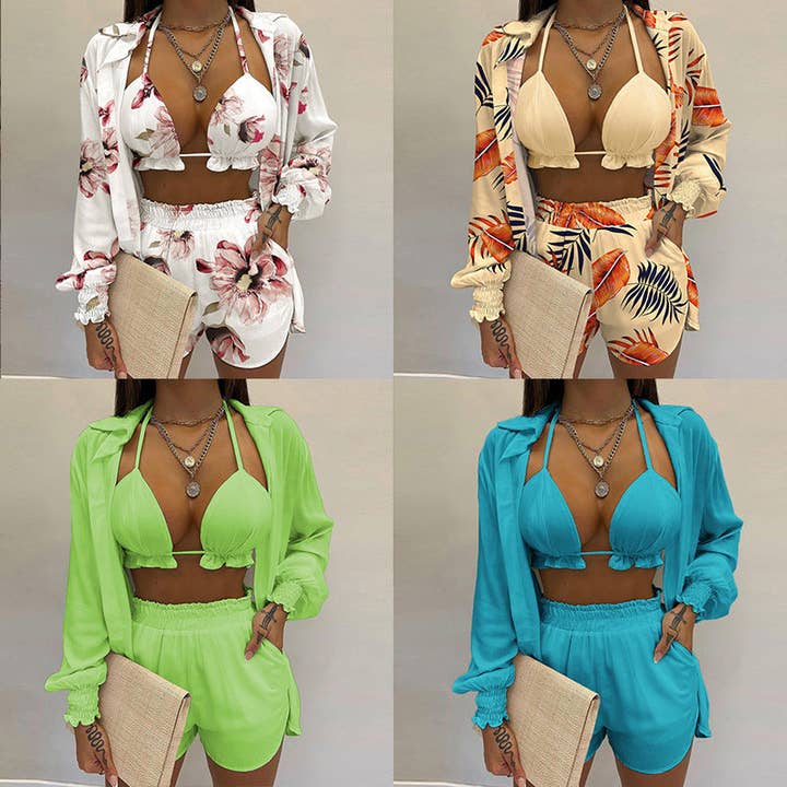Damernas tredelade set med blommönster och avslappnade shorts för wholesale av Halcyon Outfitters®