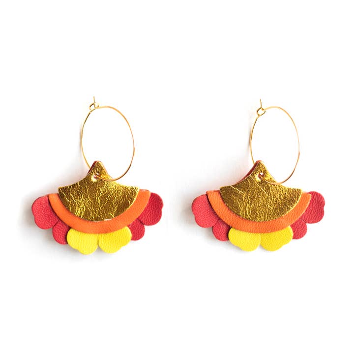 Fan Petal Earrings – Gold Orange Red Yellow Leather for wholesale by Chenoha Studio