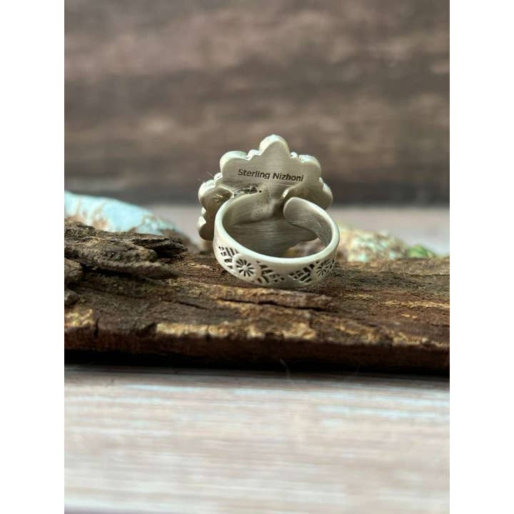 Nizhonitradersllc - Wholesale Cocktail/Statement Ring - Handmade Sterling Silver Variscite Adjustable Ring with Signed Nizhoni3