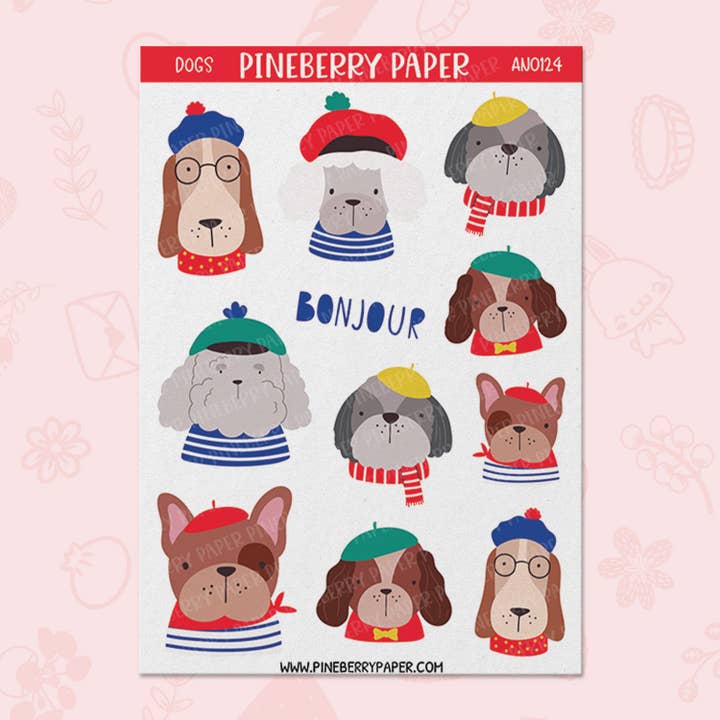 Französische Hunde Stickerbogen für den Großhandel von Pineberry Paper