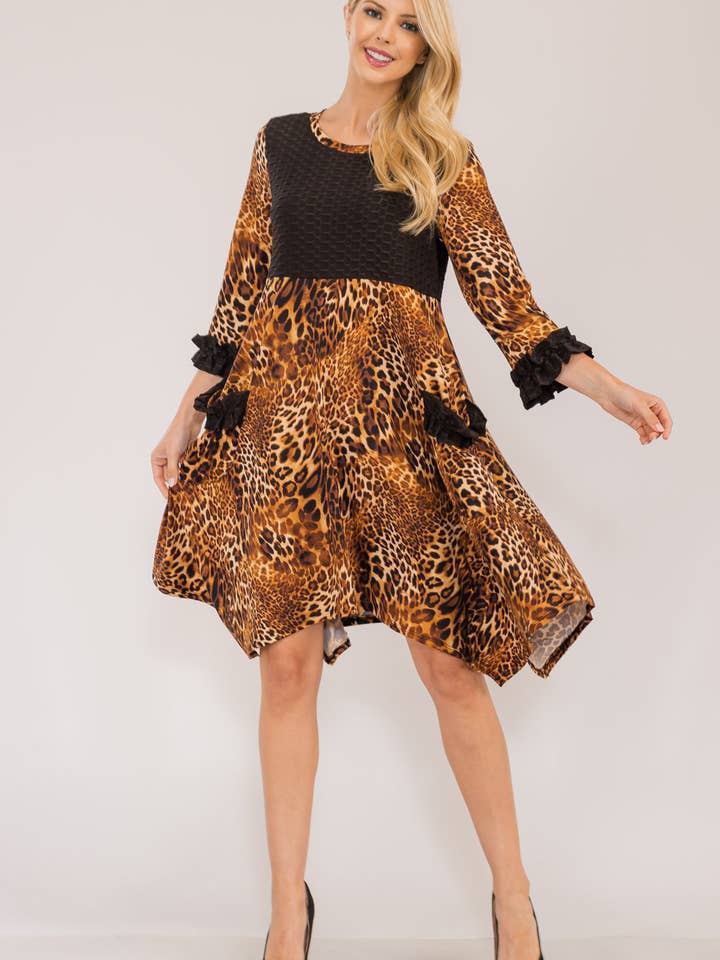 ANIMAL HANDKERCHIEF DRESS w HONEY COMB CONTRAST -MD43918B for wholesale by Celeste Clothing