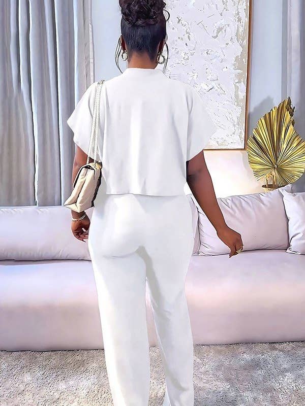 Aria Romance - Wholesale Top & Pant Set (NOT Loungewear) - Women's - Short Cardigan Blouse & Solid Color Straight Leg Trousers: Casual Two-Piece Set