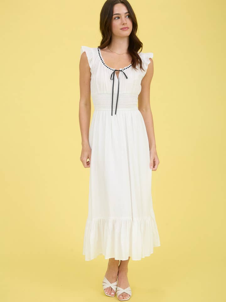 Blu Pepper - Wholesale Dress - Women's - CONTRAST RIBBON TIE DETAIL RUFFLE MIDI DRESS