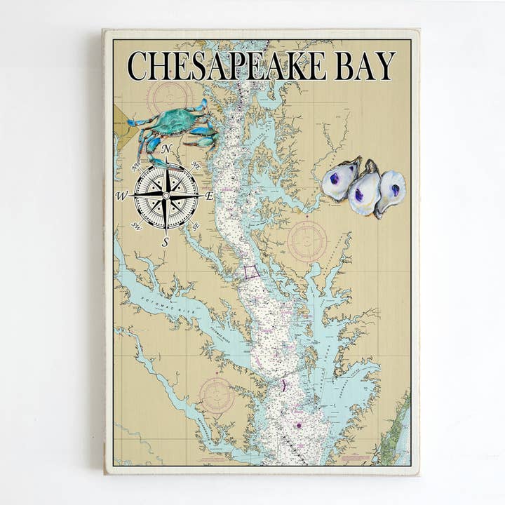 Chesapeake Bay, VA 11 "x 16" Wood Plank Map-Crab & Oysters for wholesale by Map Mom