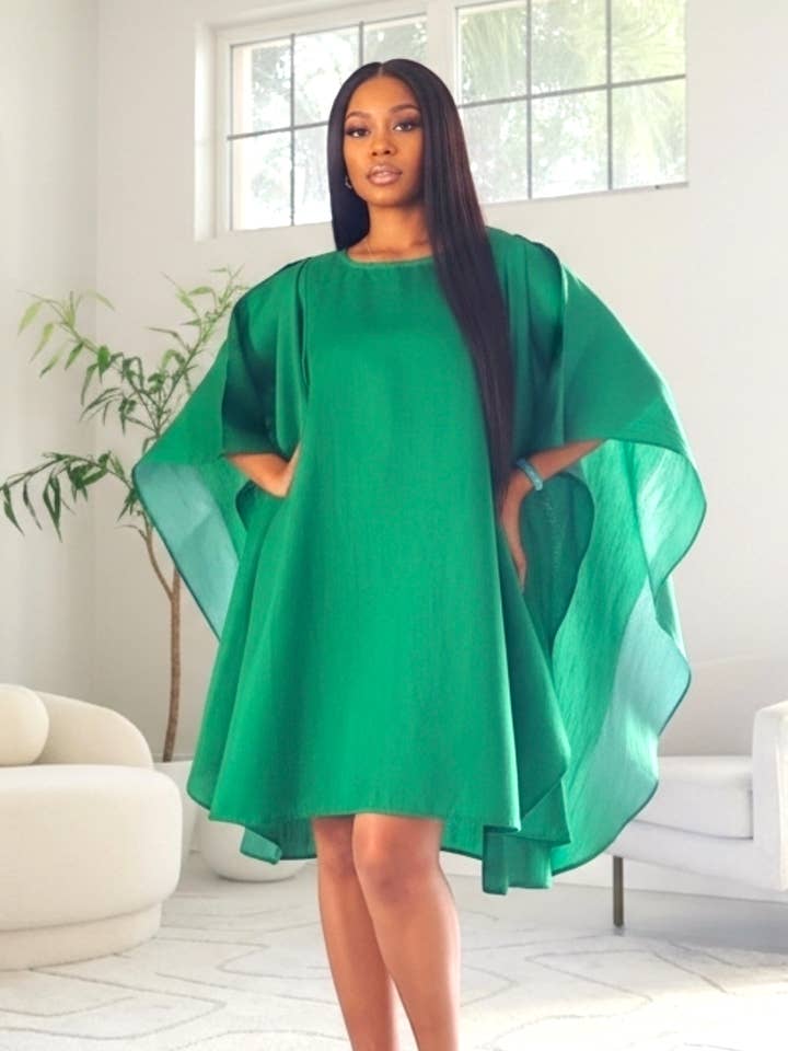 Wing Dress/Faux Silk/Poncho Dress/ Wing Sleeves-25032 Green for wholesale by India Batik