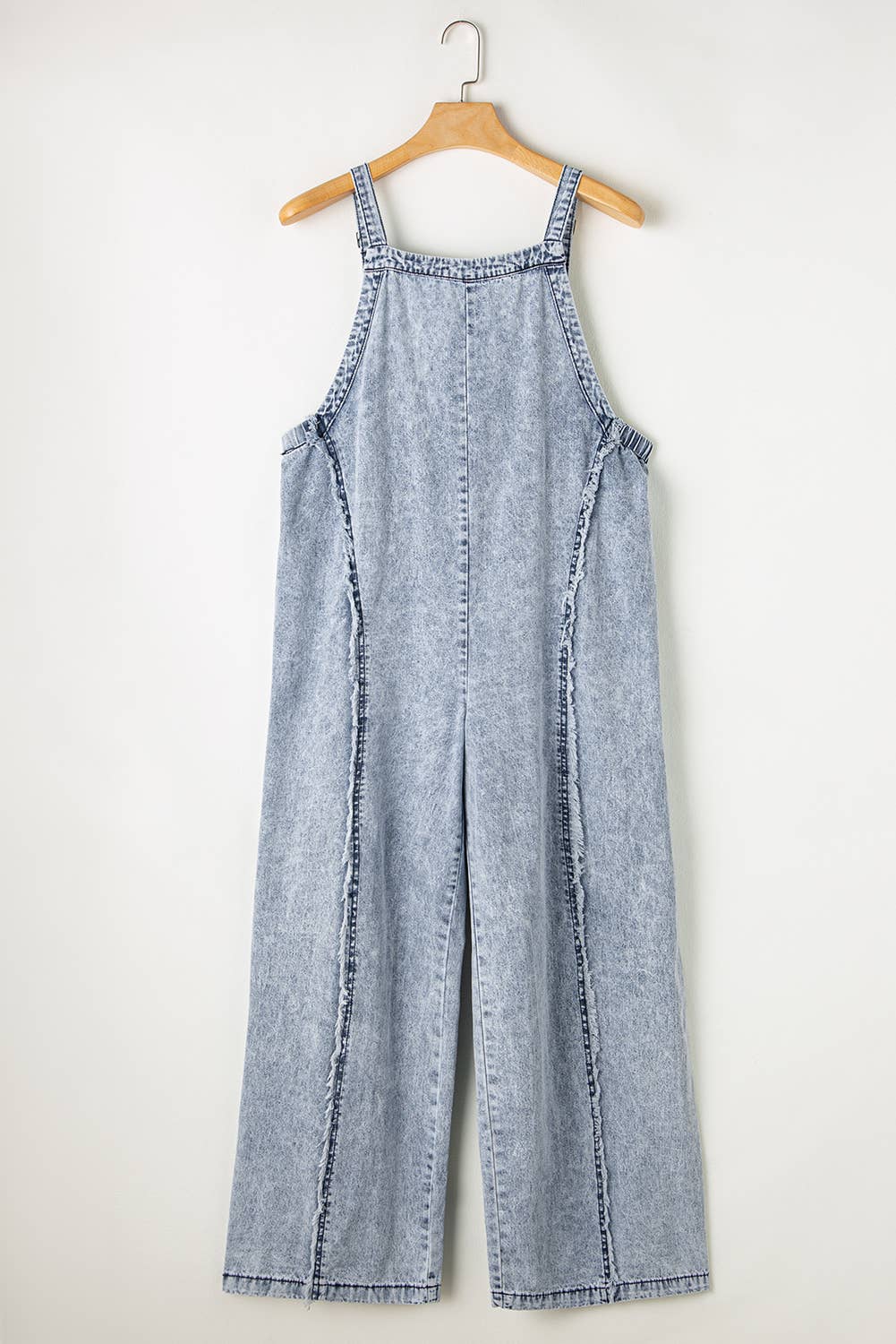 1 the Woman - Wholesale Overalls - Women's - Light Wash Frayed Exposed Seam Wide Leg Denim Overall5
