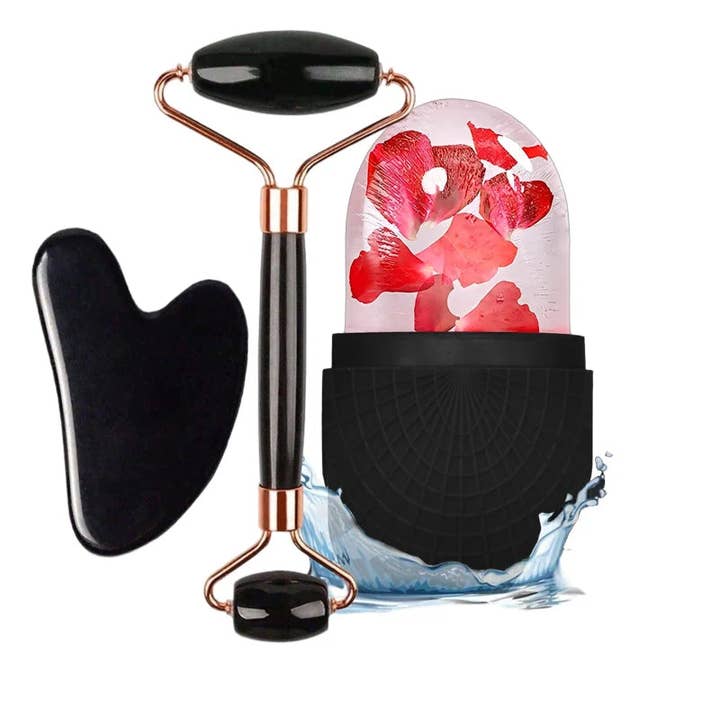 Conjunto de três rolos de gelo para cuidados com a pele do rosto, ferramentas de massagem facial, rolo de gelo de silicone, gua sha por atacado de Queenshopbeauty