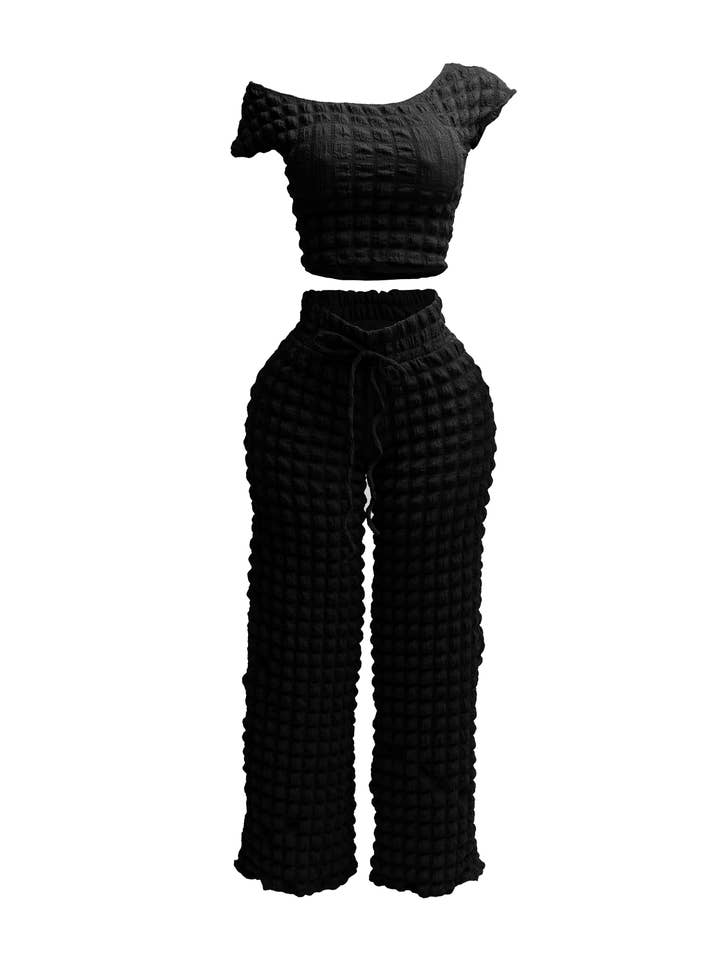 K Too - Wholesale Top & Pant Set (NOT Loungewear) - Women's - Popcorn off shoulder short sleeve & pants set