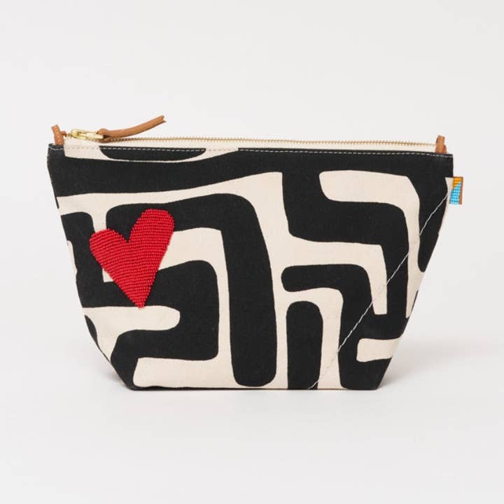 XLarge Convertible Pouch - Black Kuba with Red Beaded Heart for wholesale by Ubuntu Life