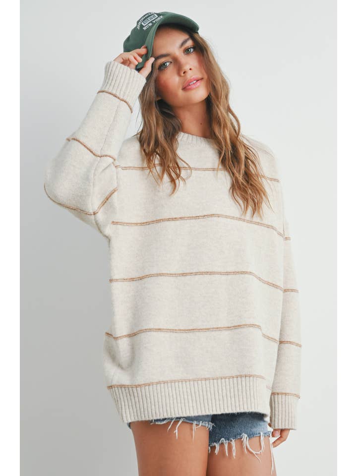 BUTTERMELON - Wholesale Knitted jumper – Women′s - Striped Pattern Drop Shoulder Sweater - BMW742124