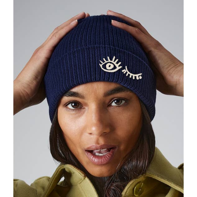 Organic 'Wink' Beanie (Navy & Mustard) for wholesale by Origin Africa
