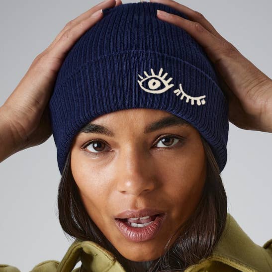 Organic 'Wink' Beanie (Navy & Mustard) for wholesale by Origin Africa