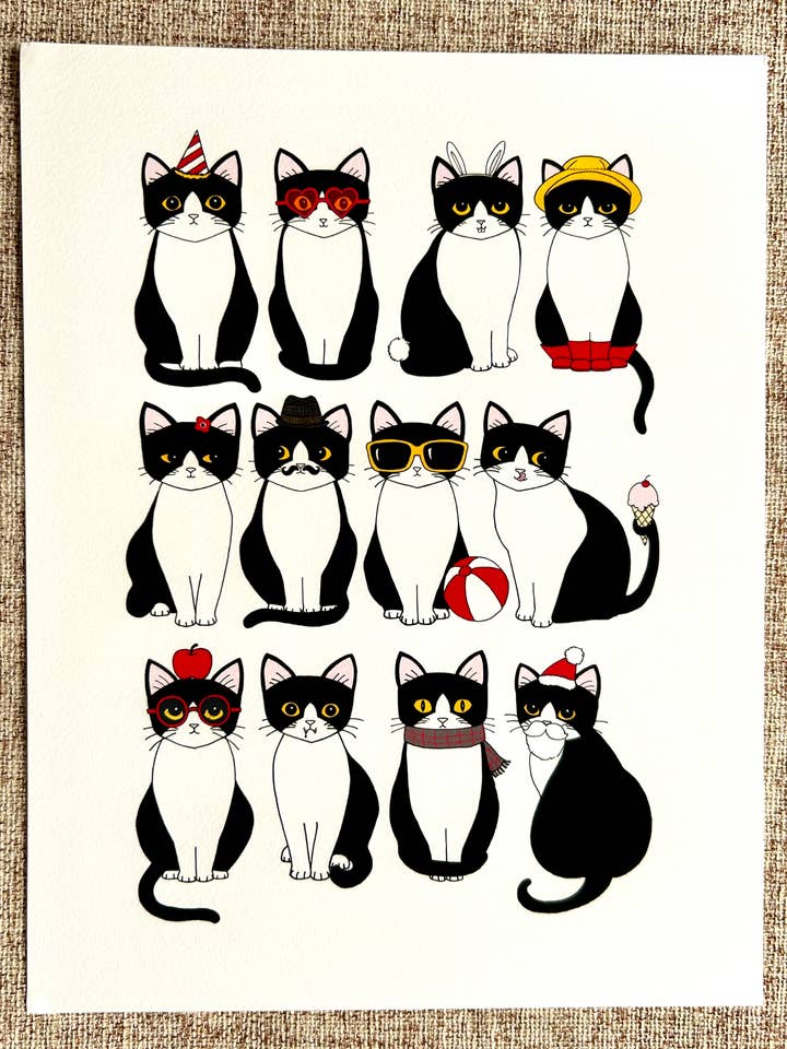 Twelve Tuxedo Cats 8 x 10 Art Print for wholesale by Cathy Peng Art & Design