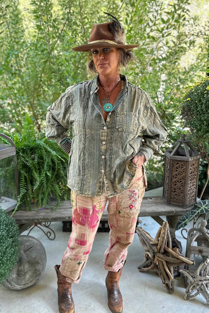 Jaded Gypsy – Großhandel Hemd mit Button-down-Kragen – Damen – Top mit Sternenbeobachtung — Vintage Moss