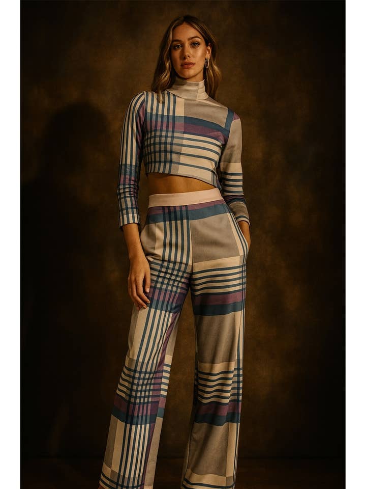 GERUITE GEBREIDE SET VAN CROP-TOP EN BROEK MET HOGE HALS voor wholesale door Mulla