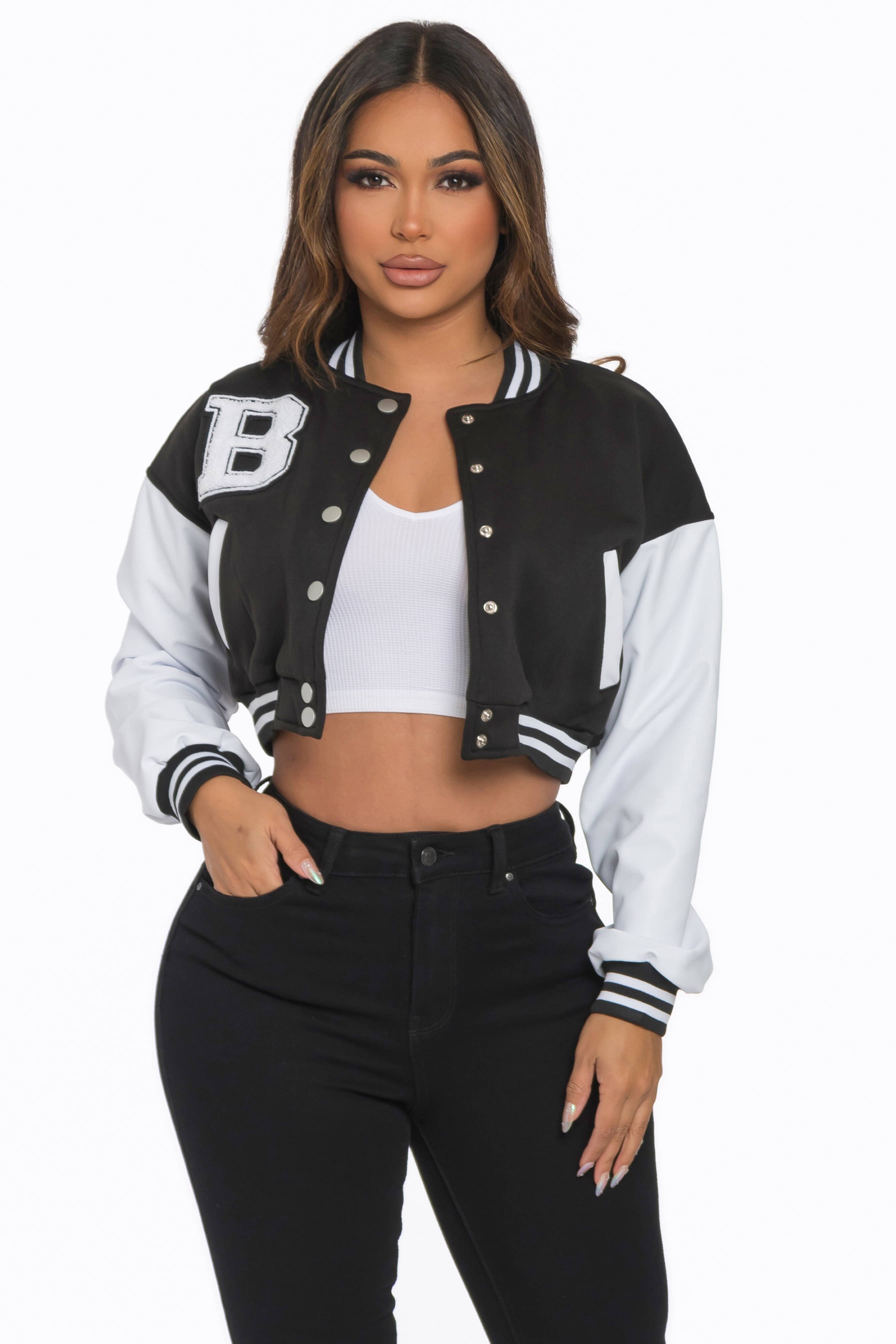 Lime All the Time - Wholesale Varsity/Baseball Jacket - Women's - B Logo Cropped Varsity Jacket2