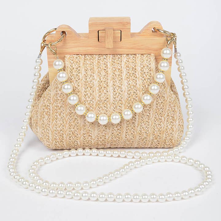 3AM BY H&D ACCESSORIES - Wholesale Clutch Bag - Women's - Faux Straw Wood Frame Clutch W/ Faux Pearl Chain