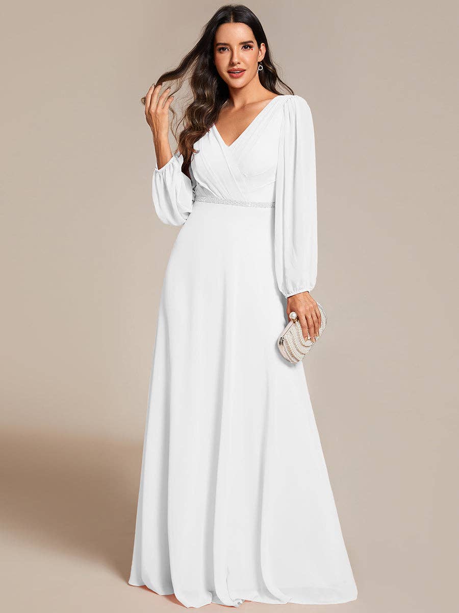 Ever-Pretty - Wholesale Gown - Women's - Elegant waisted chiffon V-neck Long Sleeve guest Dress34
