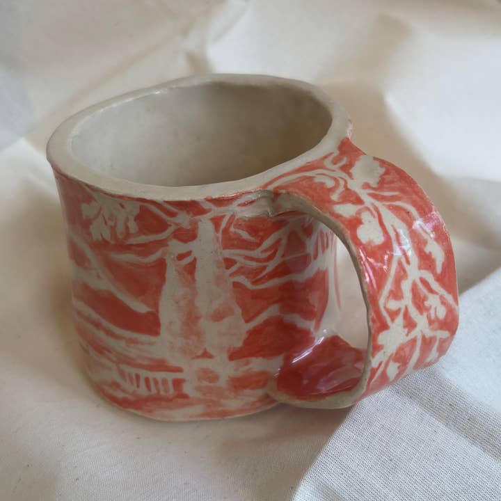 Hand painted ceramic, landscape, coffee mug, pottery cup for wholesale by Tomekah George